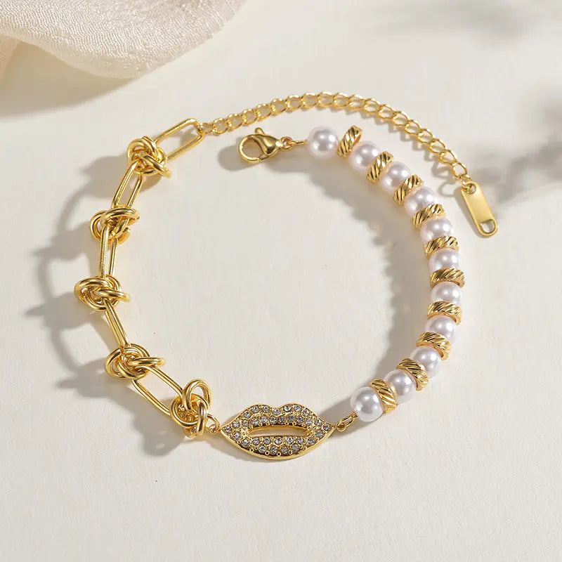 Luksusowa stalowa bransoletka z diamentową perłą i ozdobnym węzłem w kształcie łańcuszka