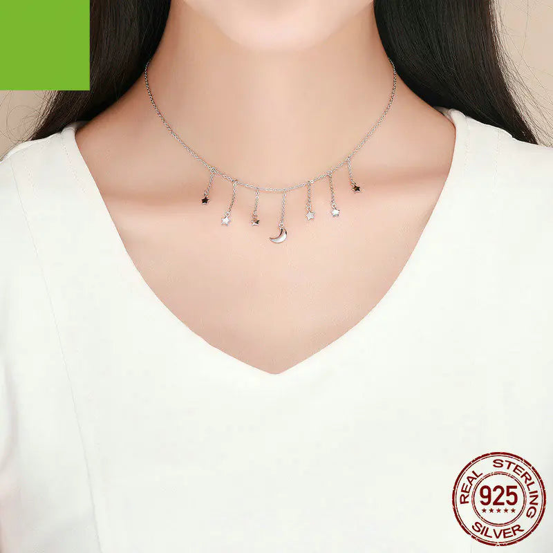 Naszyjnik ze srebra S925 z lśniącymi motywami gwiazdy i księżyca