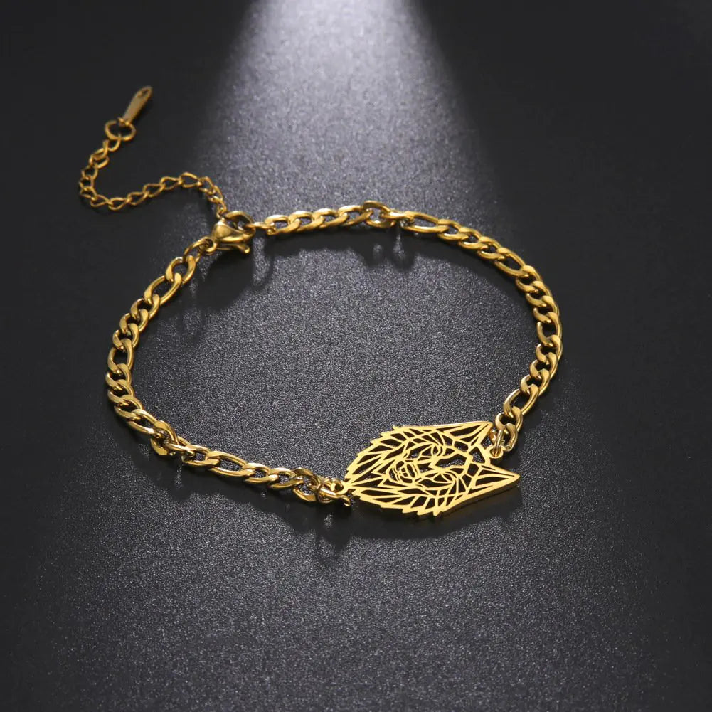 Męska bransoletka z łańcuszkiem Figaro i ażurowym wisiorem w kształcie głowy wilka