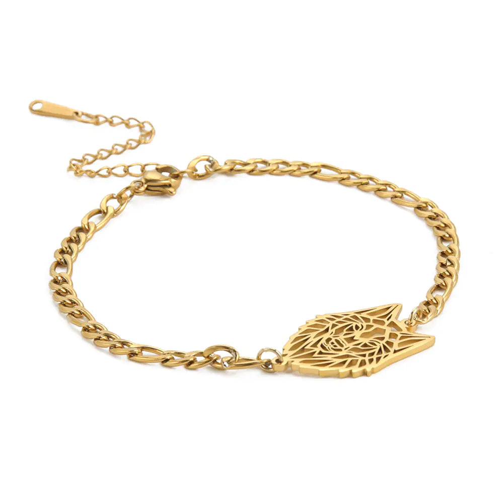 Męska bransoletka z łańcuszkiem Figaro i ażurowym wisiorem w kształcie głowy wilka