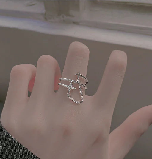 Luksusowy dwuwarstwowy pierścionek z łańcuszkiem i motywem meteoru dla kobiet