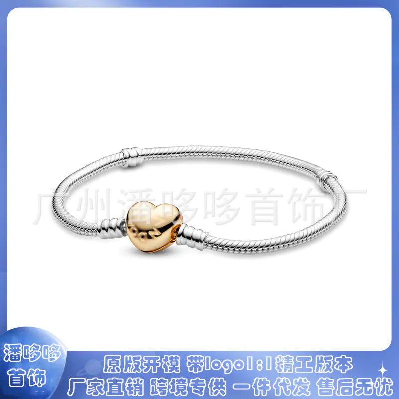 Bransoletka Pandora 925 Silver Rose Gold z serduszkiem – DIY charm bracelet.